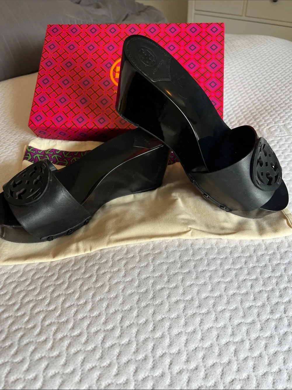 Tory Burch Black Leather Logo Slide Mules